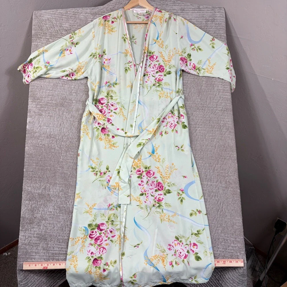 Oscar de la Renta Pink Label Floral Robe and Nightgown Set Mint Green Large XL